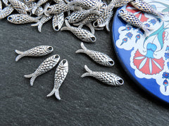 6 Rustic Double Sided Fish Charms, Good Luck Charm, Prosperity Symbol, Matte Antique Silver Plated Brass