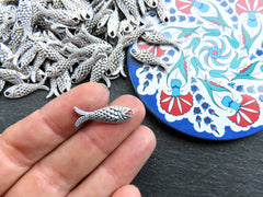 6 Rustic Double Sided Fish Charms, Good Luck Charm, Prosperity Symbol, Matte Antique Silver Plated Brass