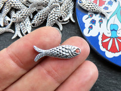 6 Rustic Double Sided Fish Charms, Good Luck Charm, Prosperity Symbol, Matte Antique Silver Plated Brass