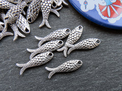 6 Rustic Double Sided Fish Charms, Good Luck Charm, Prosperity Symbol, Matte Antique Silver Plated Brass