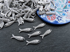 6 Rustic Double Sided Fish Charms, Good Luck Charm, Prosperity Symbol, Matte Antique Silver Plated Brass