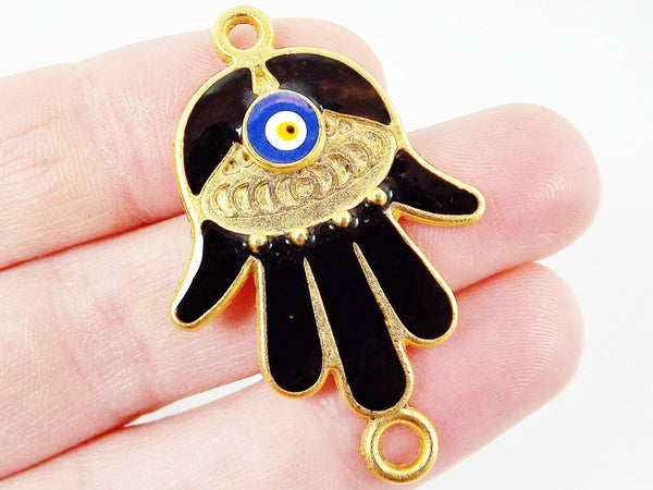 Black Hamsa Hand of Fatima Connector with Round Enameled Evil Eye - Matte Gold Plated - 1PC - GP129