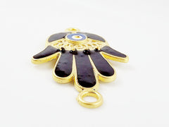 Black Hamsa Hand of Fatima Connector with Round Enameled Evil Eye - Matte Gold Plated - 1PC - GP129