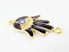 Black Hamsa Hand of Fatima Connector with Round Enameled Evil Eye - Matte Gold Plated - 1PC - GP129