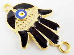 Black Hamsa Hand of Fatima Connector with Round Enameled Evil Eye - Matte Gold Plated - 1PC - GP129