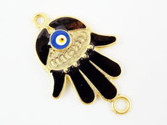 Black Hamsa Hand of Fatima Connector with Round Enameled Evil Eye - Matte Gold Plated - 1PC - GP129