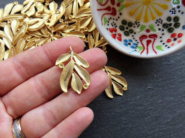 2 Willow Leaf Charms, Leaves Branch Pendant Charm, Metal Twig Pendant, Artisan Charms, 22k Matte Gold Plated, 2pc