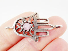 Hamsa Hand of Fatima Connector with Rose Jade Stone - Matte Silver Plated