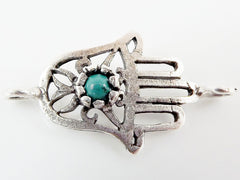 Hamsa Hand of Fatima Connector with Turquoise Stone - Matte Silver Plated