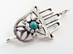 Hamsa Hand of Fatima Connector with Turquoise Stone - Matte Silver Plated