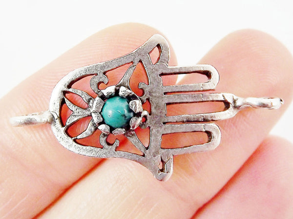 Hamsa Hand of Fatima Connector with Turquoise Stone - Matte Silver Plated