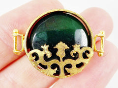 Deep Green Tulip Fretwork Connector - 22k Matte Gold Plated Bezel - 1pc