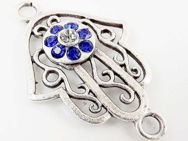 Hamsa Hand of Fatima Connector with Crystal Blue Eye - Matte Silver Plated
