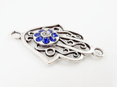 Hamsa Hand of Fatima Connector with Crystal Blue Eye - Matte Silver Plated