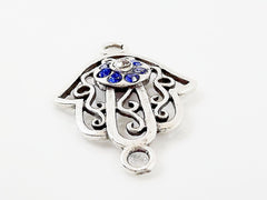 Hamsa Hand of Fatima Connector with Crystal Blue Eye - Matte Silver Plated