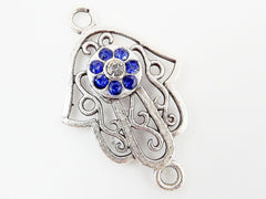 Hamsa Hand of Fatima Connector with Crystal Blue Eye - Matte Silver Plated