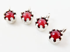 4 Prong Set Red Jade Mini Drop Charms - Matte Silver Plated