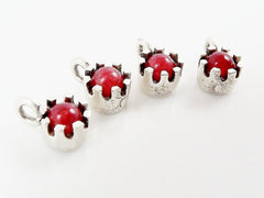 4 Prong Set Red Jade Mini Drop Charms - Matte Silver Plated