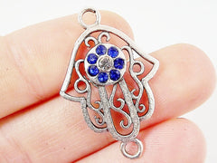 Hamsa Hand of Fatima Connector with Crystal Blue Eye - Matte Silver Plated