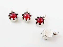 4 Prong Set Red Jade Mini Drop Charms - Matte Silver Plated