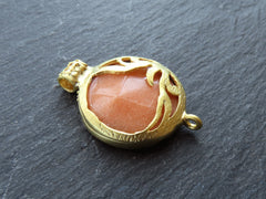 Orange Jade Stone Pendant, Curved Organic Leaf Detail, Connector Link, Gold Bezel, Rustic Leaf, 22k Matte Gold Plated, 1pc