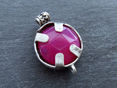 Hot Pink Jade Stone Pendant, Curved Rustic Organic Leaf Leaves Detail, Connector Link, Matte Antique Silver Plated Bezel, 1pc