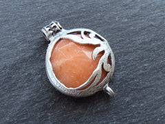 Orange Jade Stone Pendant, Curved Rustic Organic Leaf Leaves Detail, Connector Link, Matte Antique Silver Plated Bezel, 1pc