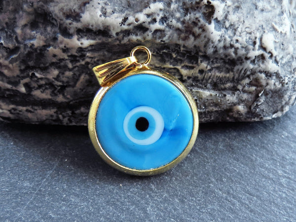 Turquoise Blue Evil Eye Charm Pendant with Bail, Round Glass Lampwork Evil Eye, Amulet Protective Lucky, Handmade, 22k Gold Plated Bezel 1pc