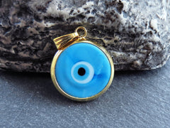 Turquoise Blue Evil Eye Charm Pendant with Bail, Round Glass Lampwork Evil Eye, Amulet Protective Lucky, Handmade, 22k Gold Plated Bezel 1pc