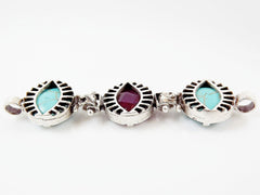 Trio Stone Eye Bracelet Connector - Turquoise Stone & Deep Purple Jade - Matte Silver Plated -  No: 1