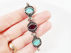 Trio Stone Eye Bracelet Connector - Turquoise Stone & Deep Purple Jade - Matte Silver Plated -  No: 1