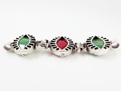 Trio Jade Stone Eye Bracelet Connector - Green & Red - Matte Silver Plated -  No: 3