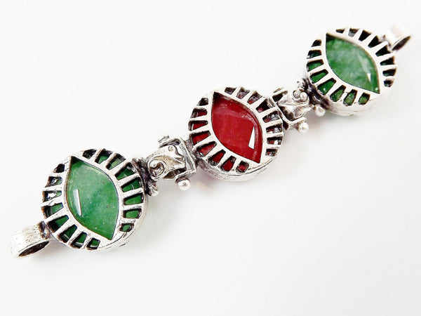 Trio Jade Stone Eye Bracelet Connector - Green & Red - Matte Silver Plated -  No: 3