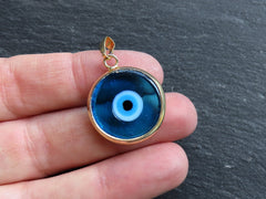 Blue Evil Eye Charm Pendant with Bail, Round Glass Lampwork Evil Eye, Amulet, Protective, Lucky, Handmade, 22k Shiny Gold Plated Bezel 1pc