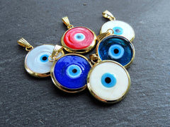 Blue Evil Eye Charm Pendant with Bail, Round Glass Lampwork Evil Eye, Amulet, Protective, Lucky, Handmade, 22k Shiny Gold Plated Bezel 1pc