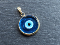 Blue Evil Eye Charm Pendant with Bail, Round Glass Lampwork Evil Eye, Amulet, Protective, Lucky, Handmade, 22k Shiny Gold Plated Bezel 1pc