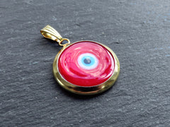 Red Evil Eye Charm Pendant with Bail, Round Glass Lampwork Evil Eye, Amulet, Protective, Lucky, Handmade, 22k Shiny Gold Plated Bezel 1pc