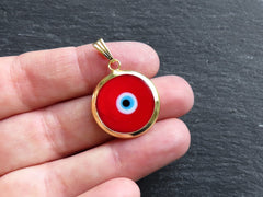 Red Evil Eye Charm Pendant with Bail, Round Glass Lampwork Evil Eye, Amulet, Protective, Lucky, Handmade, 22k Shiny Gold Plated Bezel 1pc