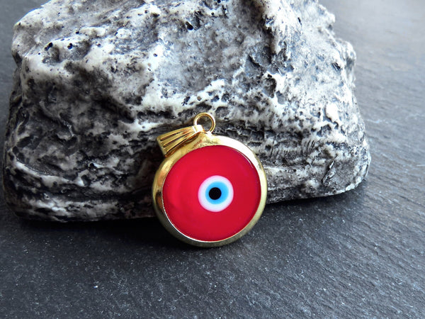 Red Evil Eye Charm Pendant with Bail, Round Glass Lampwork Evil Eye, Amulet, Protective, Lucky, Handmade, 22k Shiny Gold Plated Bezel 1pc