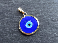 Blue Evil Eye Charm Pendant with Bail, Round Glass Lampwork Evil Eye, Amulet, Protective, Lucky, Handmade, 22k Shiny Gold Plated Bezel 1pc