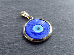 Blue Evil Eye Charm Pendant with Bail, Round Glass Lampwork Evil Eye, Amulet, Protective, Lucky, Handmade, 22k Shiny Gold Plated Bezel 1pc