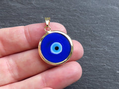 Blue Evil Eye Charm Pendant with Bail, Round Glass Lampwork Evil Eye, Amulet, Protective, Lucky, Handmade, 22k Shiny Gold Plated Bezel 1pc