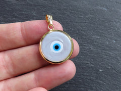 Gray Evil Eye Charm Pendant with Bail, Round Glass Lampwork Evil Eye, Amulet, Protective, Lucky, Handmade, 22k Shiny Gold Plated Bezel 1pc