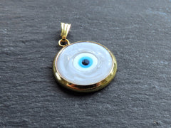 Gray Evil Eye Charm Pendant with Bail, Round Glass Lampwork Evil Eye, Amulet, Protective, Lucky, Handmade, 22k Shiny Gold Plated Bezel 1pc