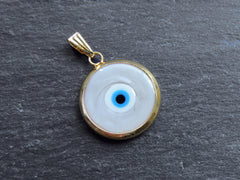 Gray Evil Eye Charm Pendant with Bail, Round Glass Lampwork Evil Eye, Amulet, Protective, Lucky, Handmade, 22k Shiny Gold Plated Bezel 1pc