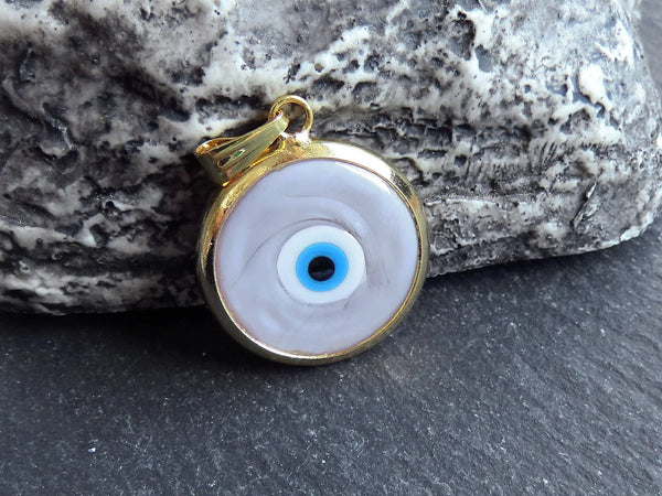 Gray Evil Eye Charm Pendant with Bail, Round Glass Lampwork Evil Eye, Amulet, Protective, Lucky, Handmade, 22k Shiny Gold Plated Bezel 1pc