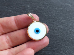 White Evil Eye Charm Pendant with Bail, Round Glass Lampwork Evil Eye, Amulet, Protective, Lucky, Handmade, 22k Shiny Gold Plated Bezel 1pc