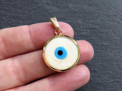 Cream Evil Eye Charm Pendant with Bail, Round Glass Lampwork Evil Eye, Amulet, Protective, Lucky, Handmade, 22k Shiny Gold Plated Bezel 1pc