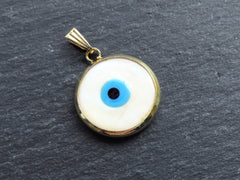 Cream Evil Eye Charm Pendant with Bail, Round Glass Lampwork Evil Eye, Amulet, Protective, Lucky, Handmade, 22k Shiny Gold Plated Bezel 1pc