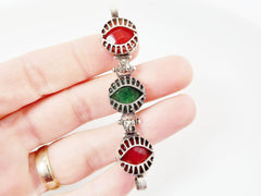 Trio Jade Stone Eye Bracelet Connector - Emerald Green Red - Matte Silver Plated -  No: 5